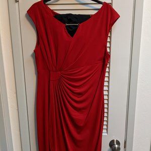 connected apparel Red Asymmetrical Ruched Sheath Dress with Keyhole